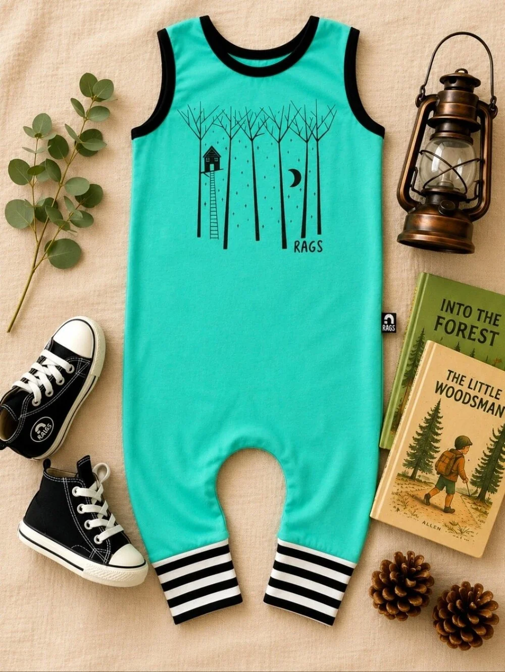 Retired RAGS Treehouse Romper 2T Made USA Woodland Moon Print Aqua Blue